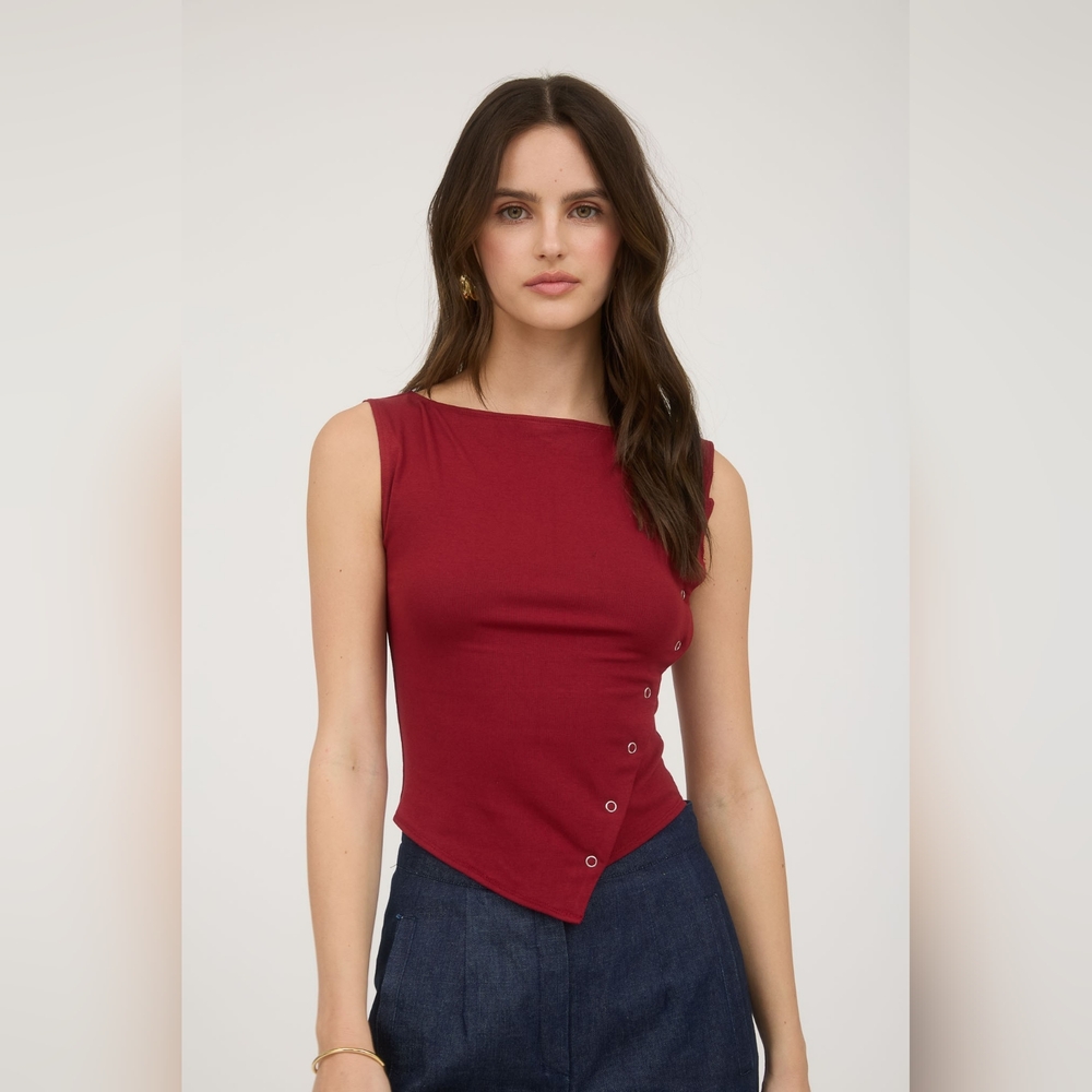Red Asymmetrical Snap Button-Detail Women's Top